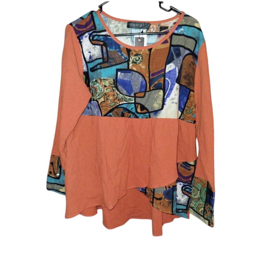 Gracila Artsy Long sleeve crew neck top, size large, orange, mulitcolor NWT